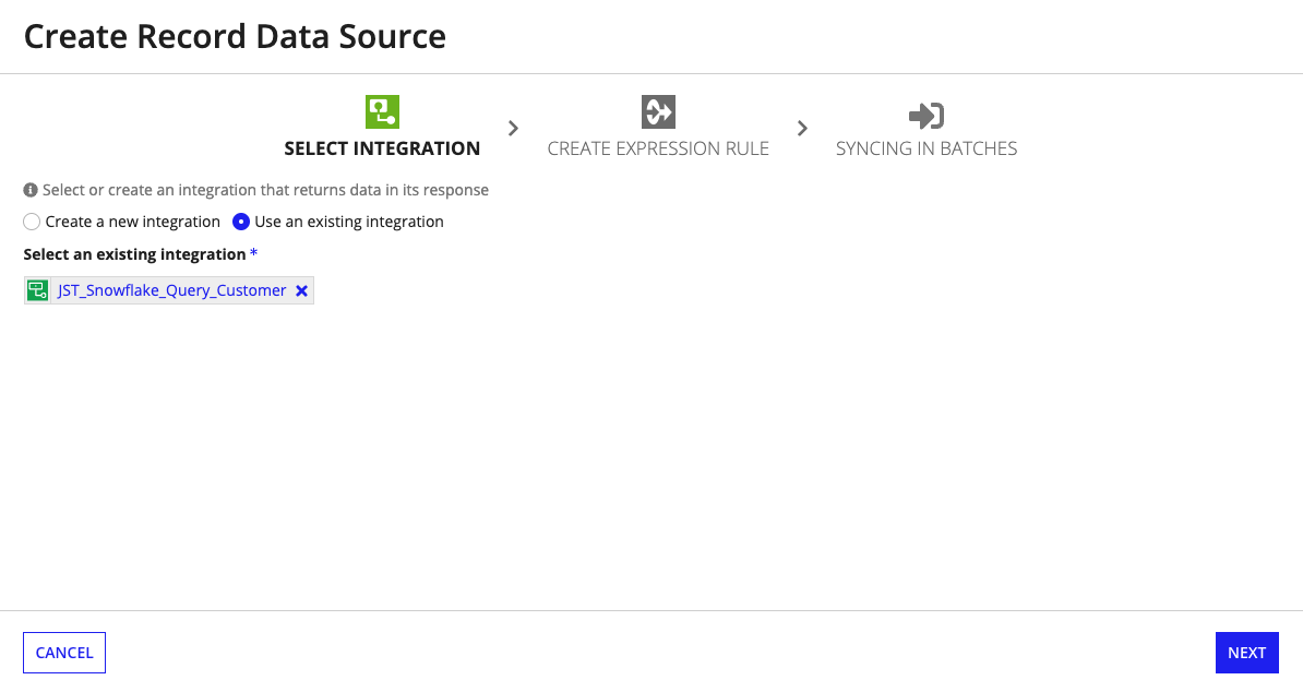 select integration step of creating a record data source