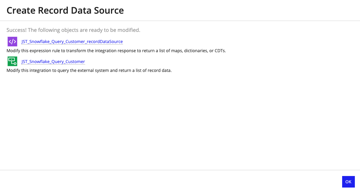 final step of creating a record data source showing created objects