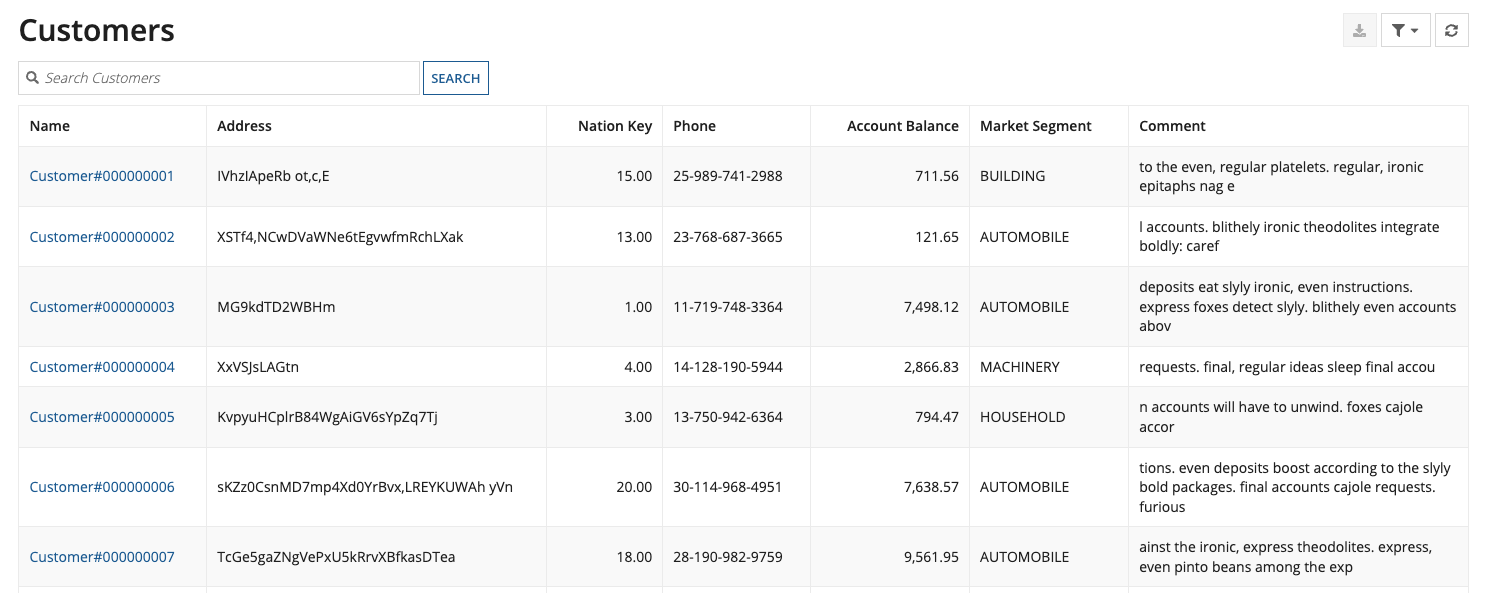 JST Customer record list view example