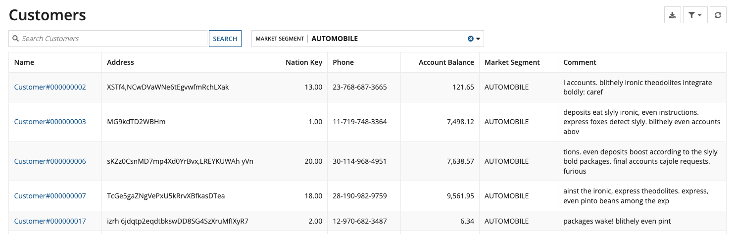 Customer list with user filter applied
