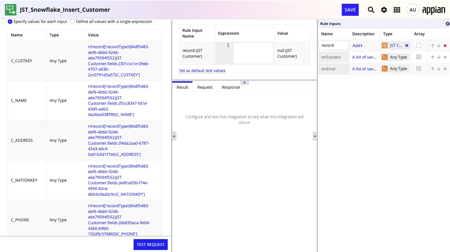 snowflake integration object to insert customer