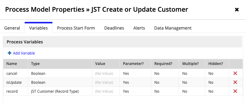process model properties window for JST Create or Update Customer