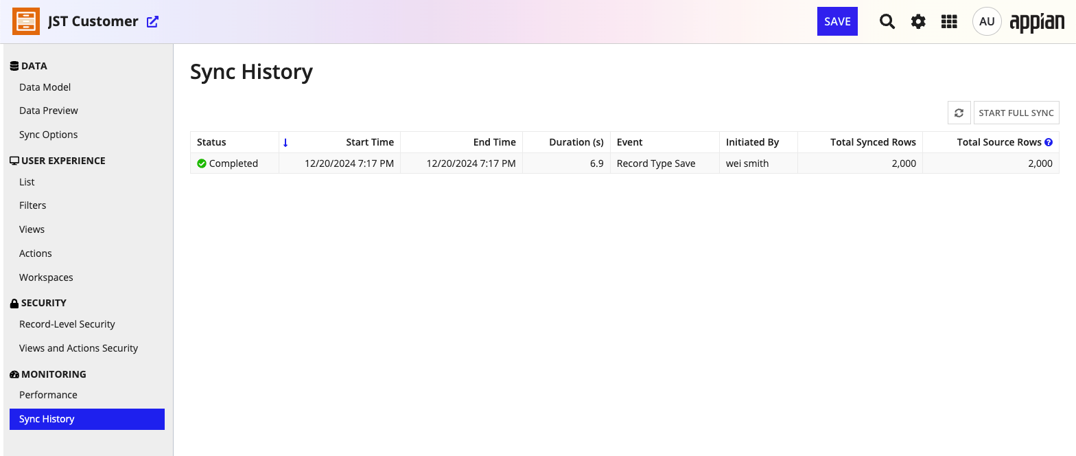 JST Customer sync history page