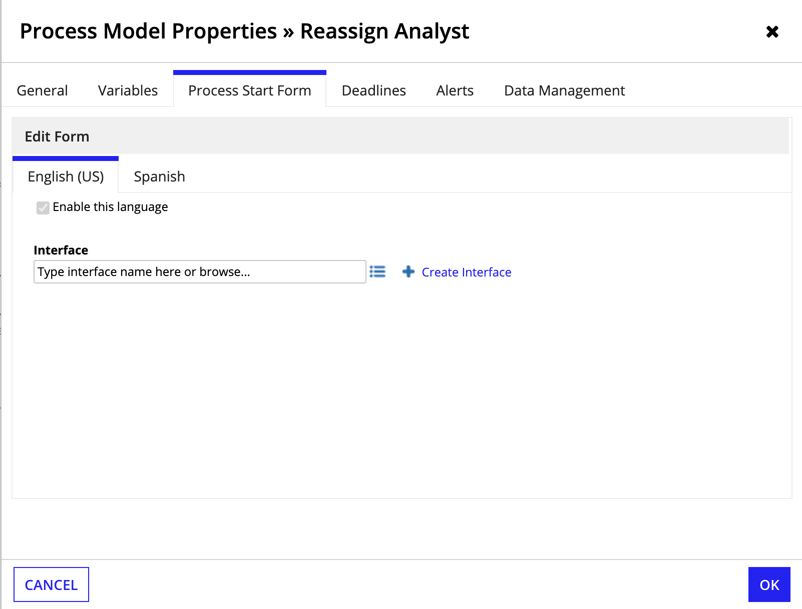 Process Start Form tab of the Process Model Properties dialog