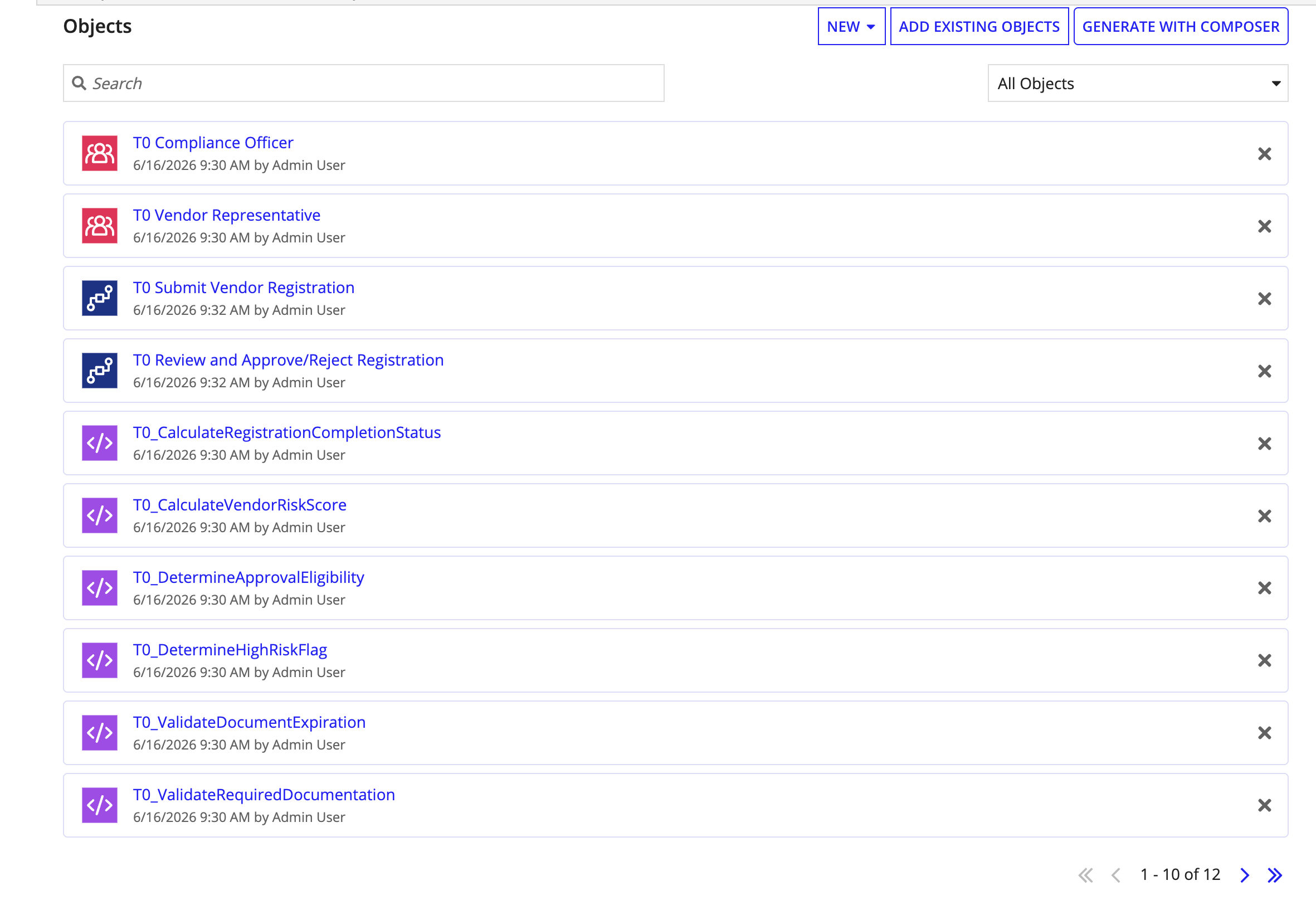 Generate Foundational Objects detail view showing generated design objects
