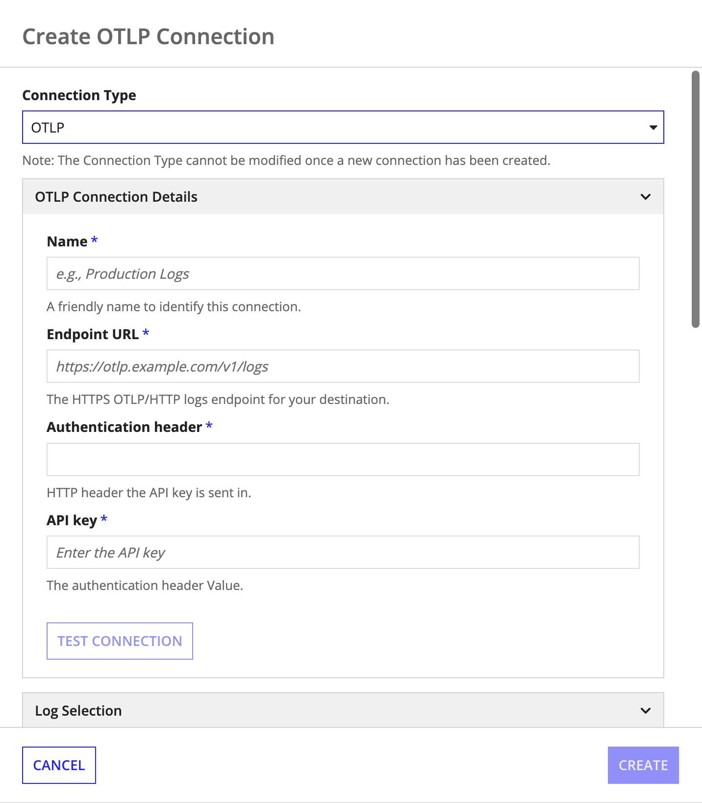 Create OTLP Connection dialog