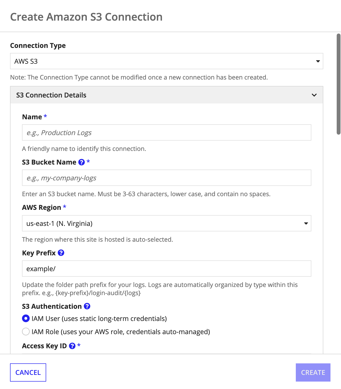 Create Amazon S3 Connection dialog