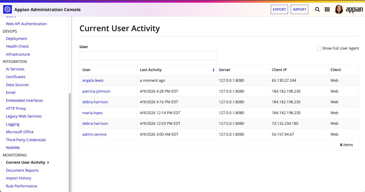 A list of current users in the Appian environment