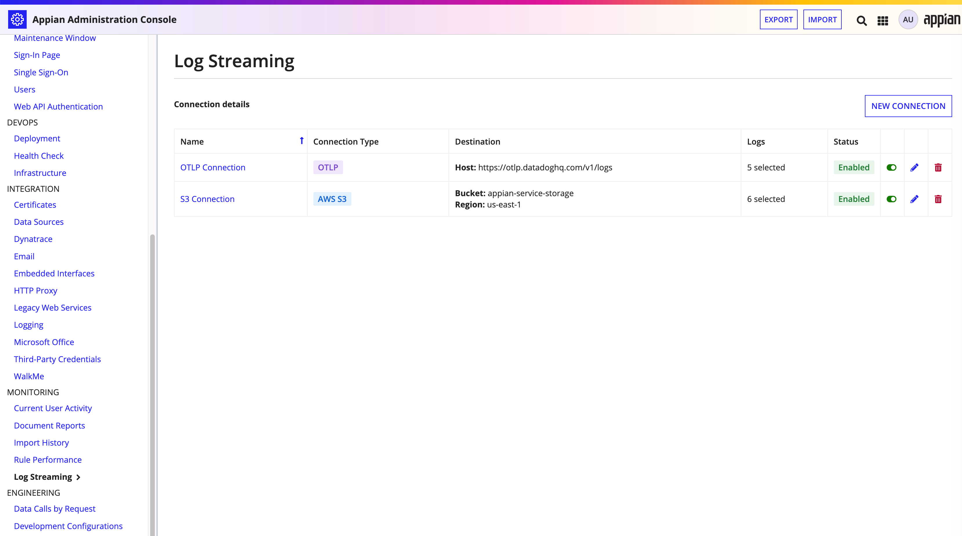 Log Streaming page in the Admin Console