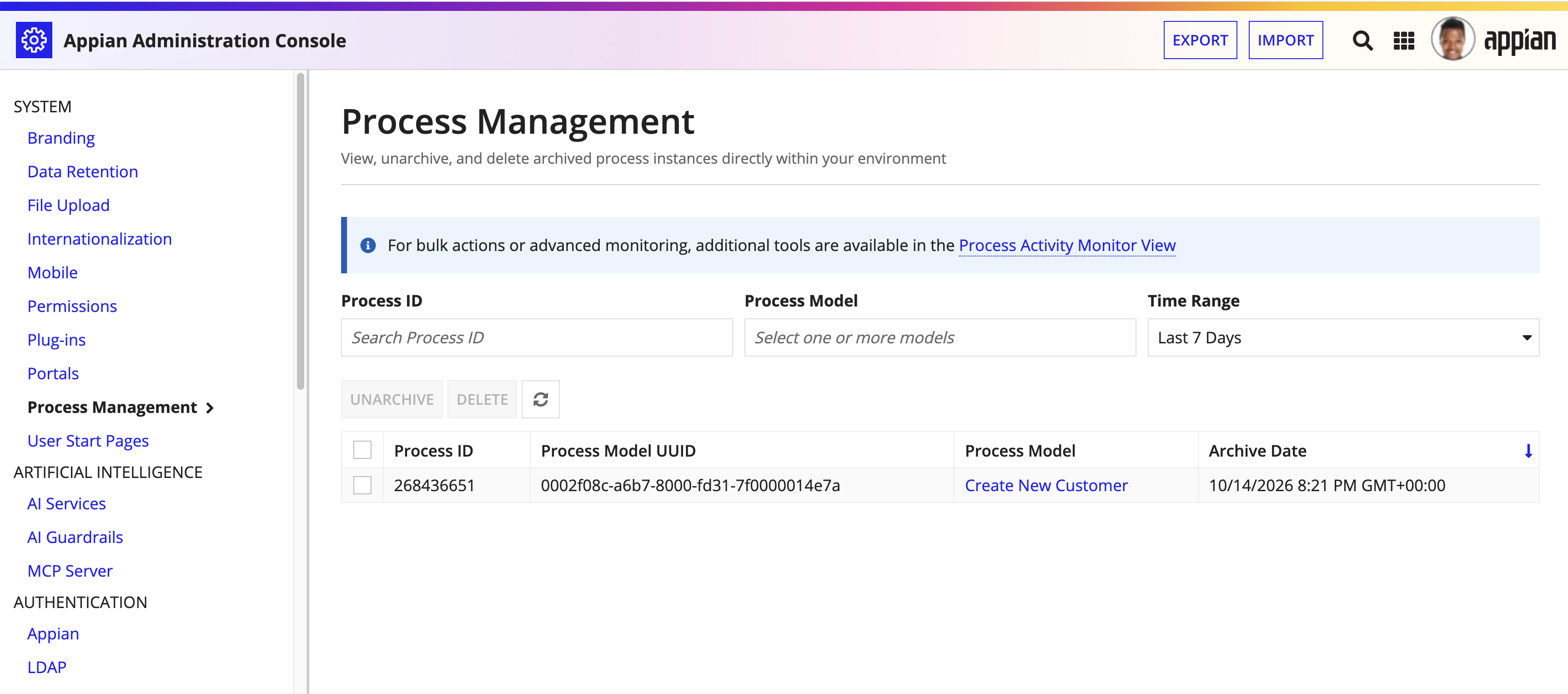 Process Management page of the Appian Admin Console