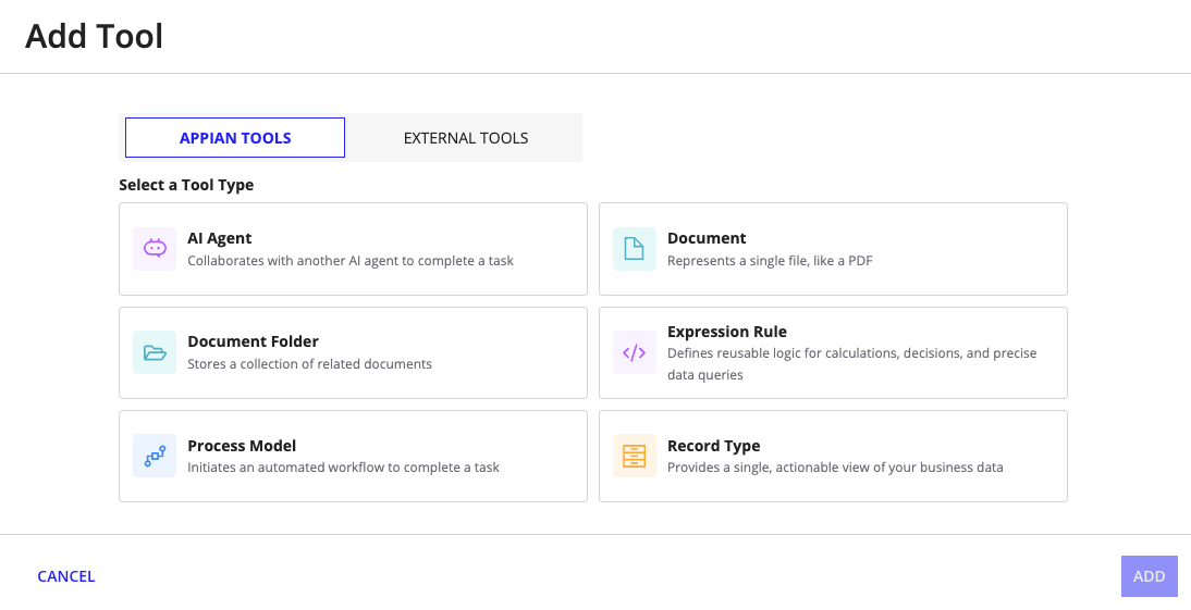 The Add Tool dialog showing the System Tools, Custom Tools, and External Tools sections.
