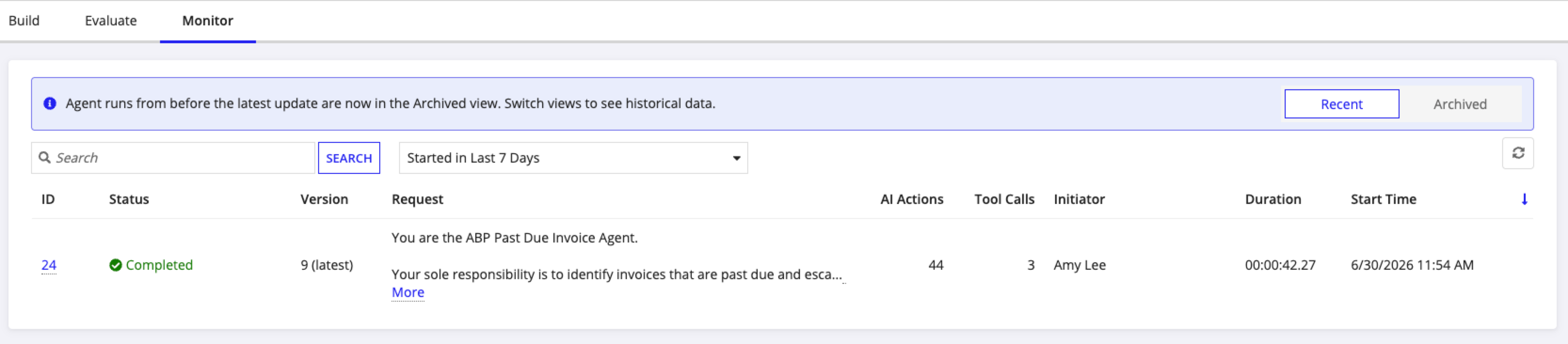 The monitoring tab for a specific AI agent