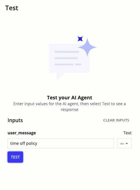 The AI agent test response panel showing a summary and detailed history.