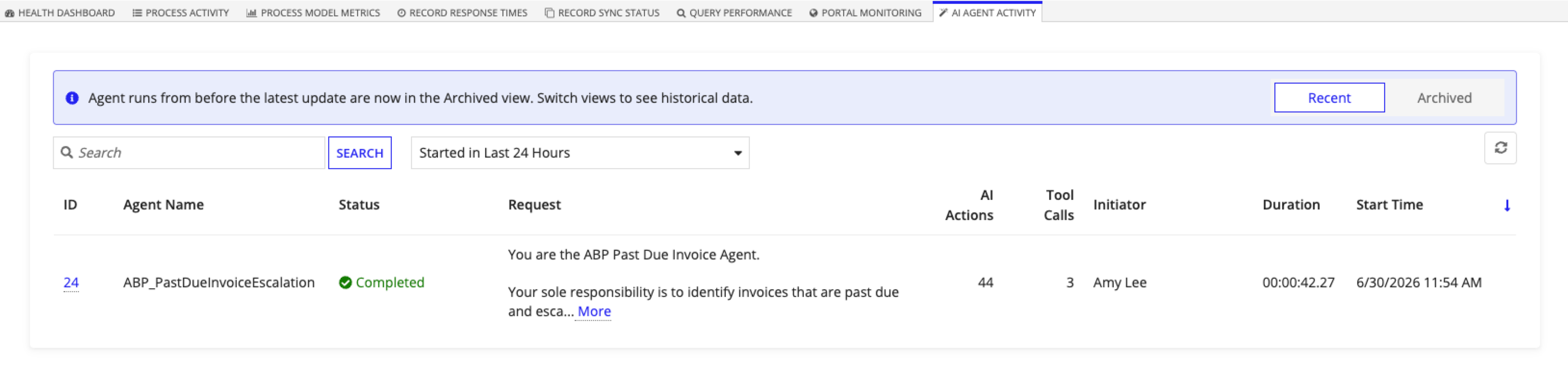 The main monitoring view showing a log of all AI agent requests.