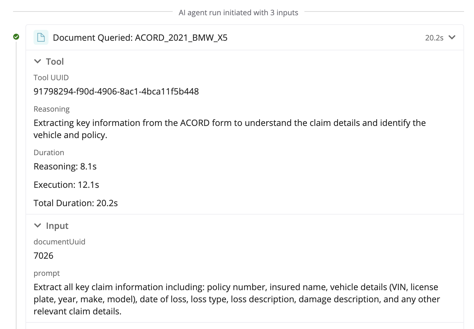An expanded tool call card showing tool name, reasoning, and a Duration breakdown of Reasoning, Execution, and Total Duration.