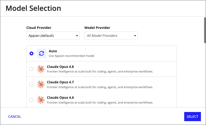 The Model Selection dialog showing Auto selected by default, with Cloud Provider and Model Provider filter dropdowns above a list of model cards.
