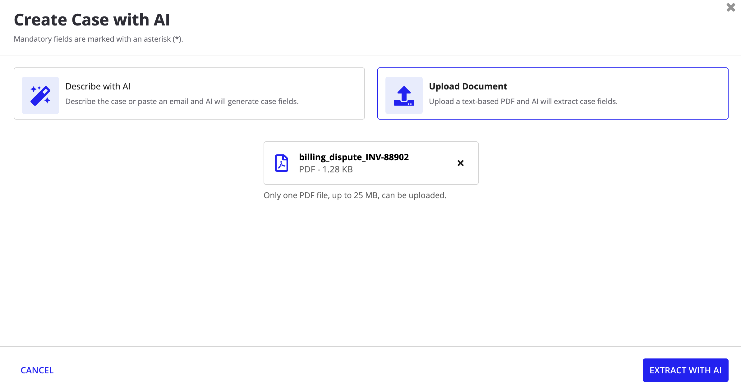 Create case by uploading a document or by using a prompt