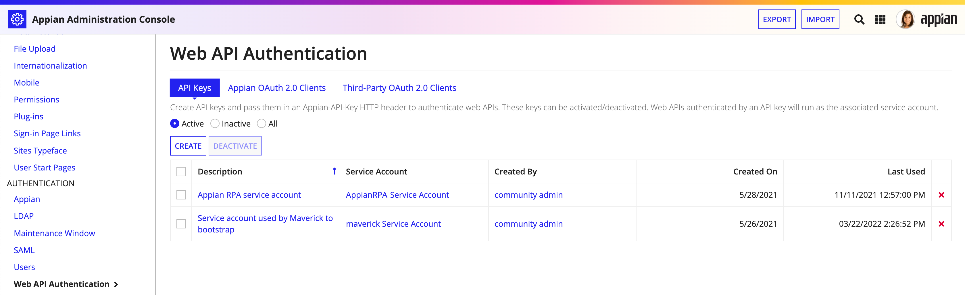 screenshot of the API key page