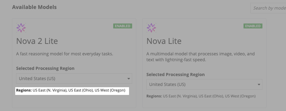 The AI Services screen showing model cards with processing region selection and supported regions.