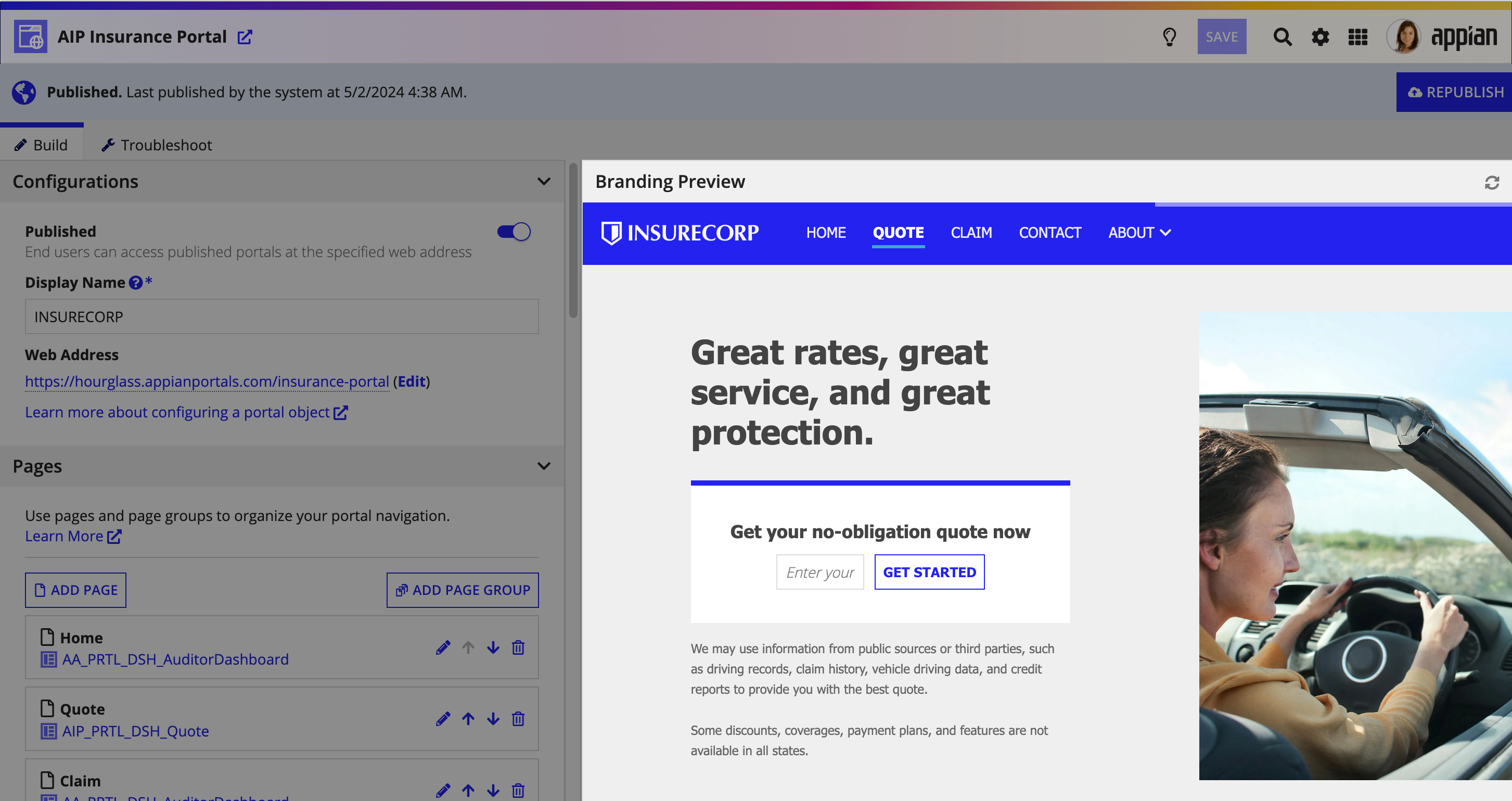 screenshot of branding preview in site object