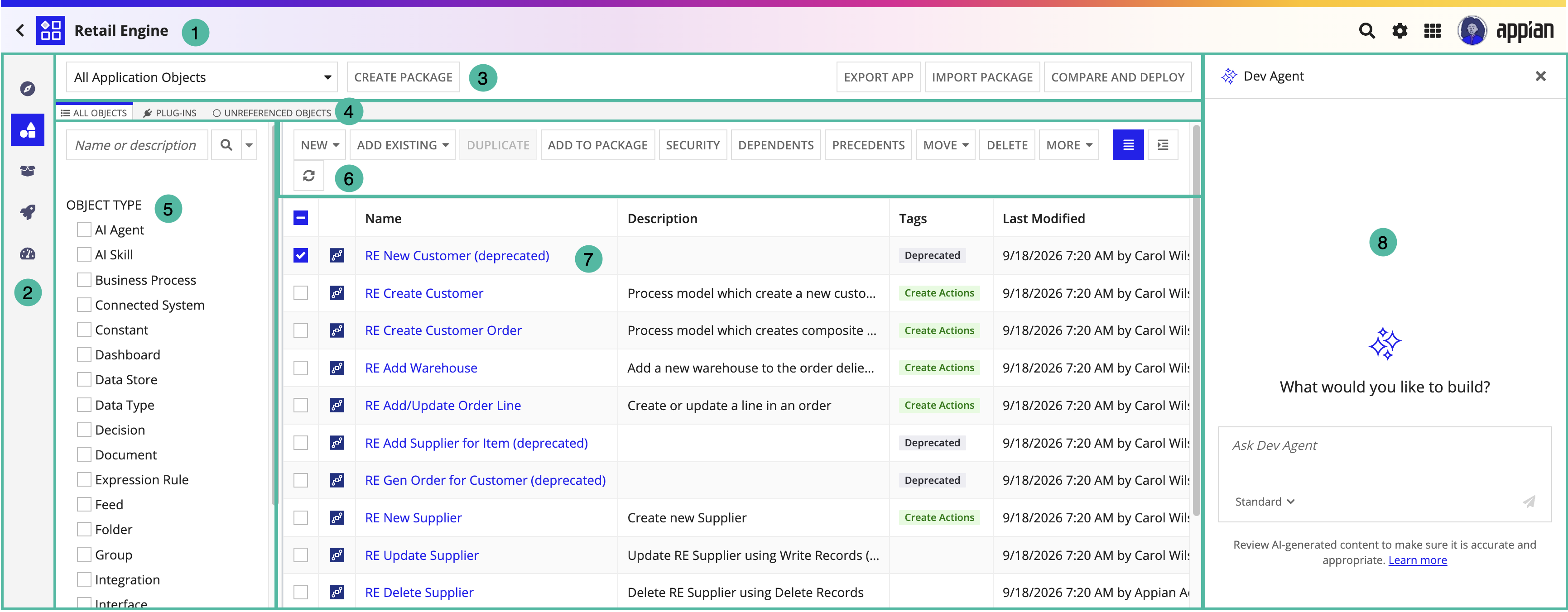 screenshot of the Objects view in Appian Designer