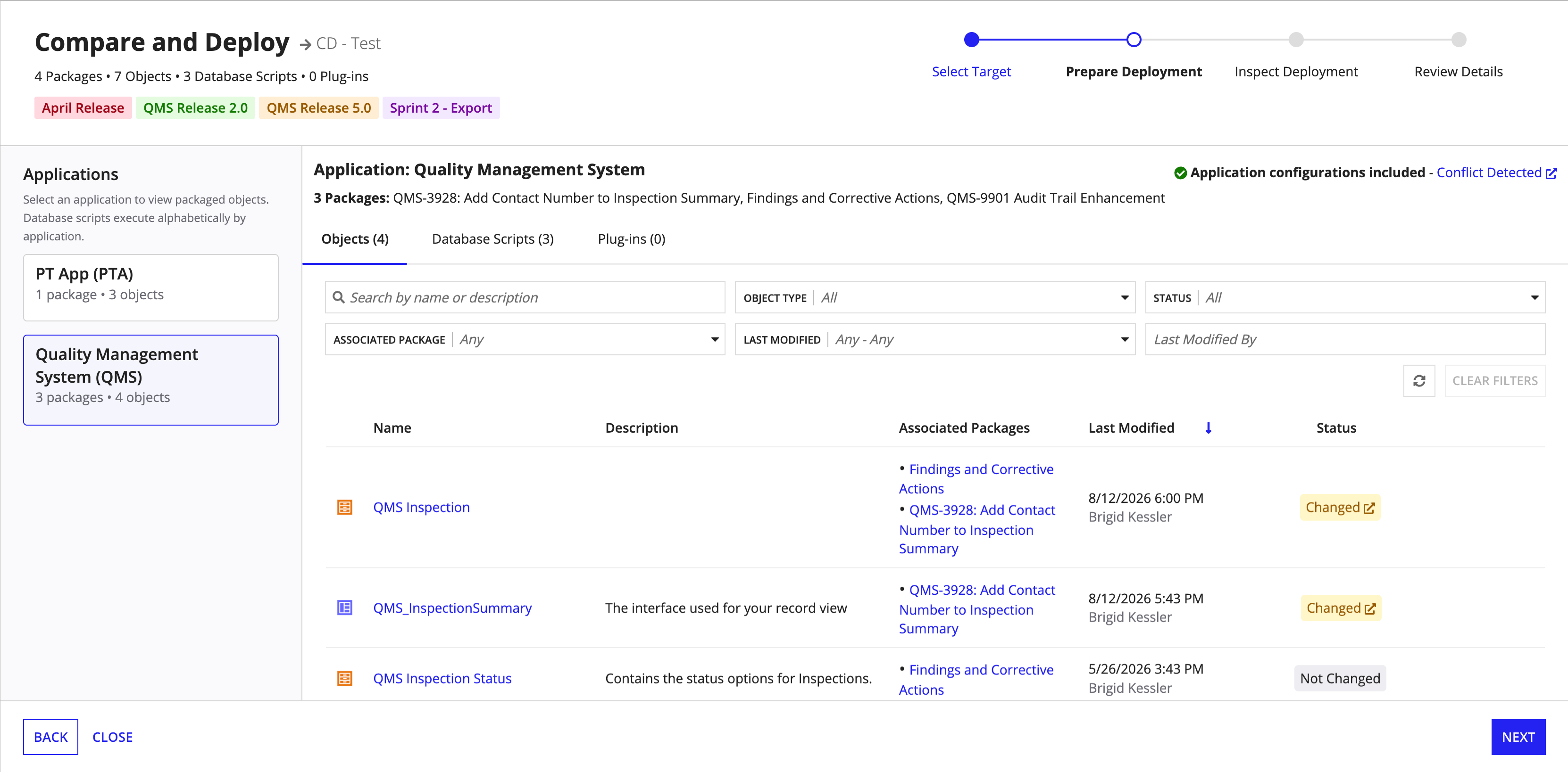 screenshot of deploying using Compare and Deploy from the Packages view at the environment level