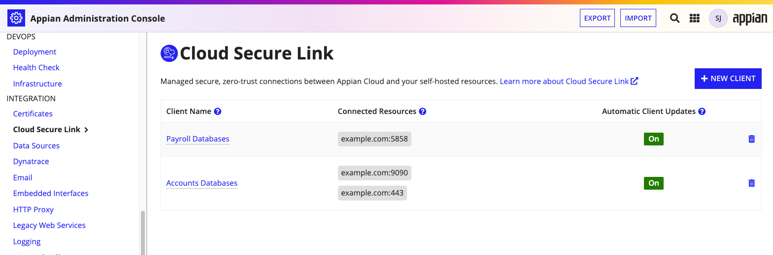 Cloud Secure Link client list