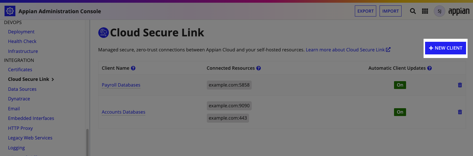 Cloud Secure Link page with NEW CLIENT button