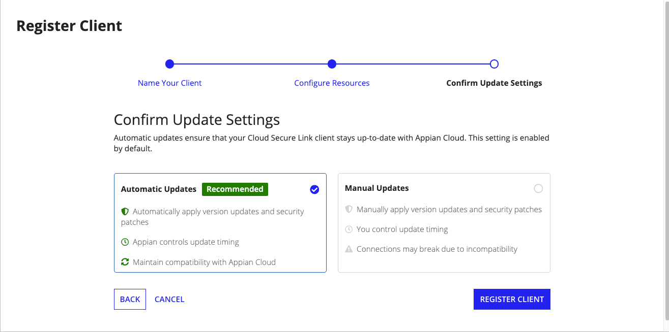 Confirm Update Settings step
