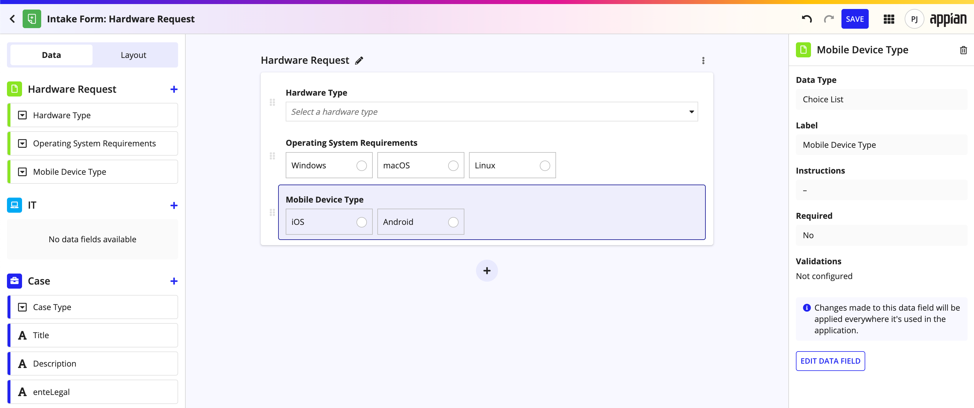 screenshot showing the data field added in form builder
