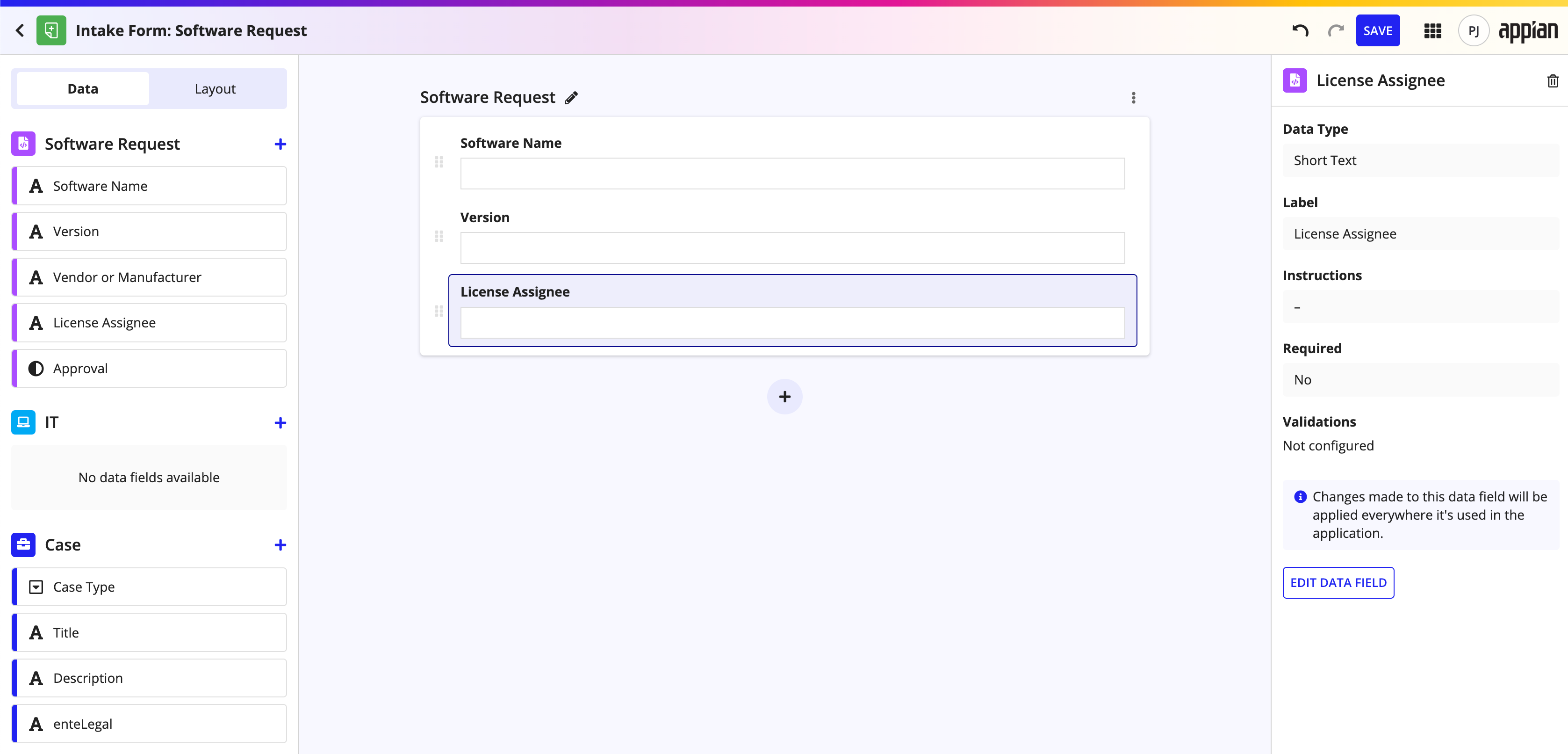 screenshot showing the data field added in form builder
