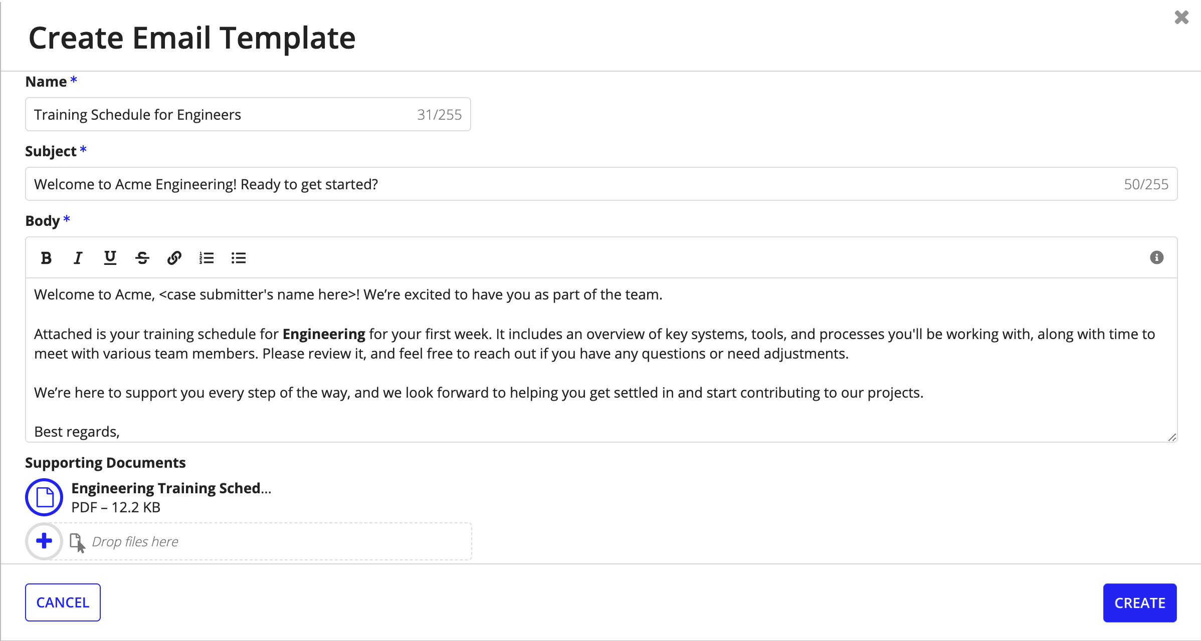 Screenshot of an email template for a Welcome to Engineering email that has a place for the task assignee to put in the case submitter's name and also provide an attachment schedule document