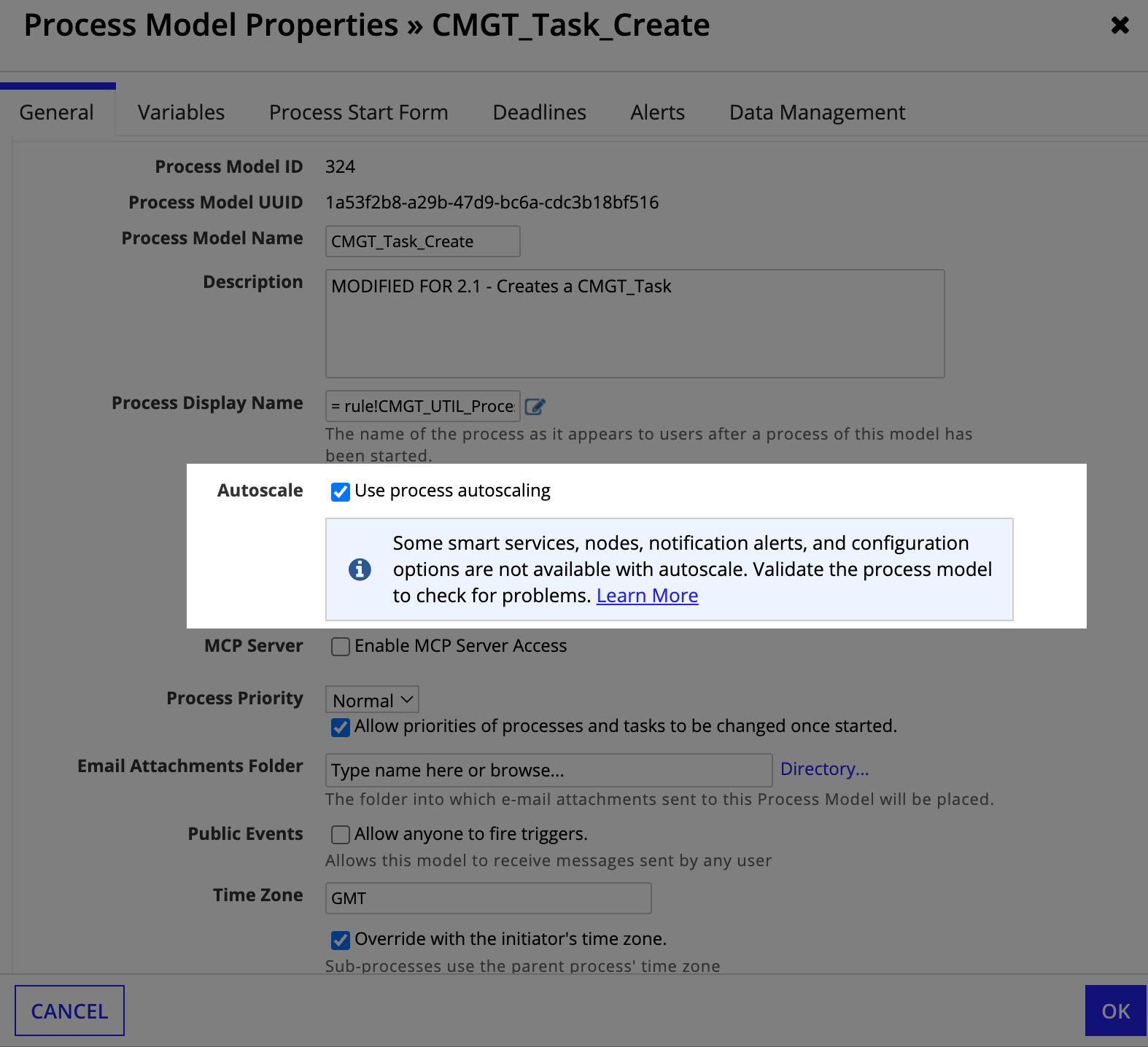 the process model properties dialog with the Autoscale checkbox selected