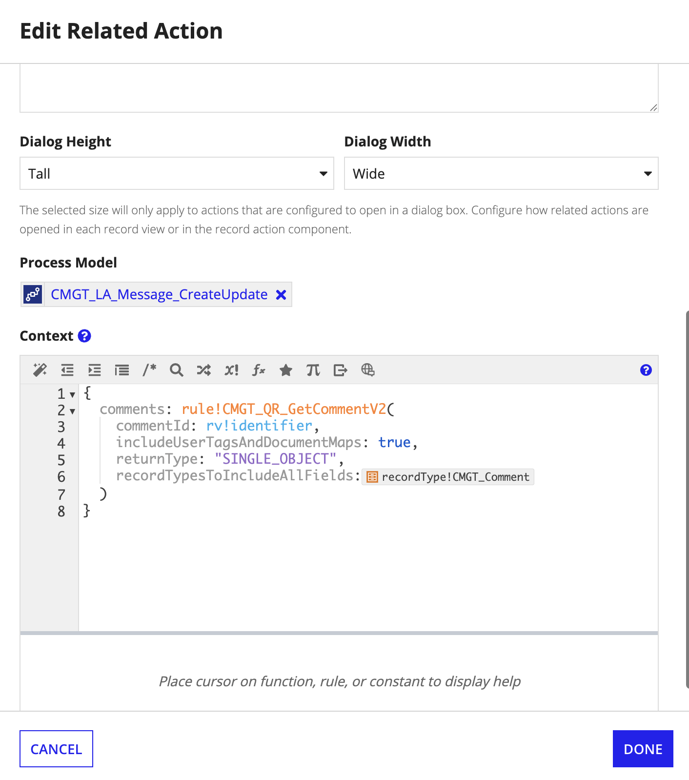 Record action configuration showing the Context field for the Delete Message action with the CMGT_QR_GetCommentV2 rule expression.