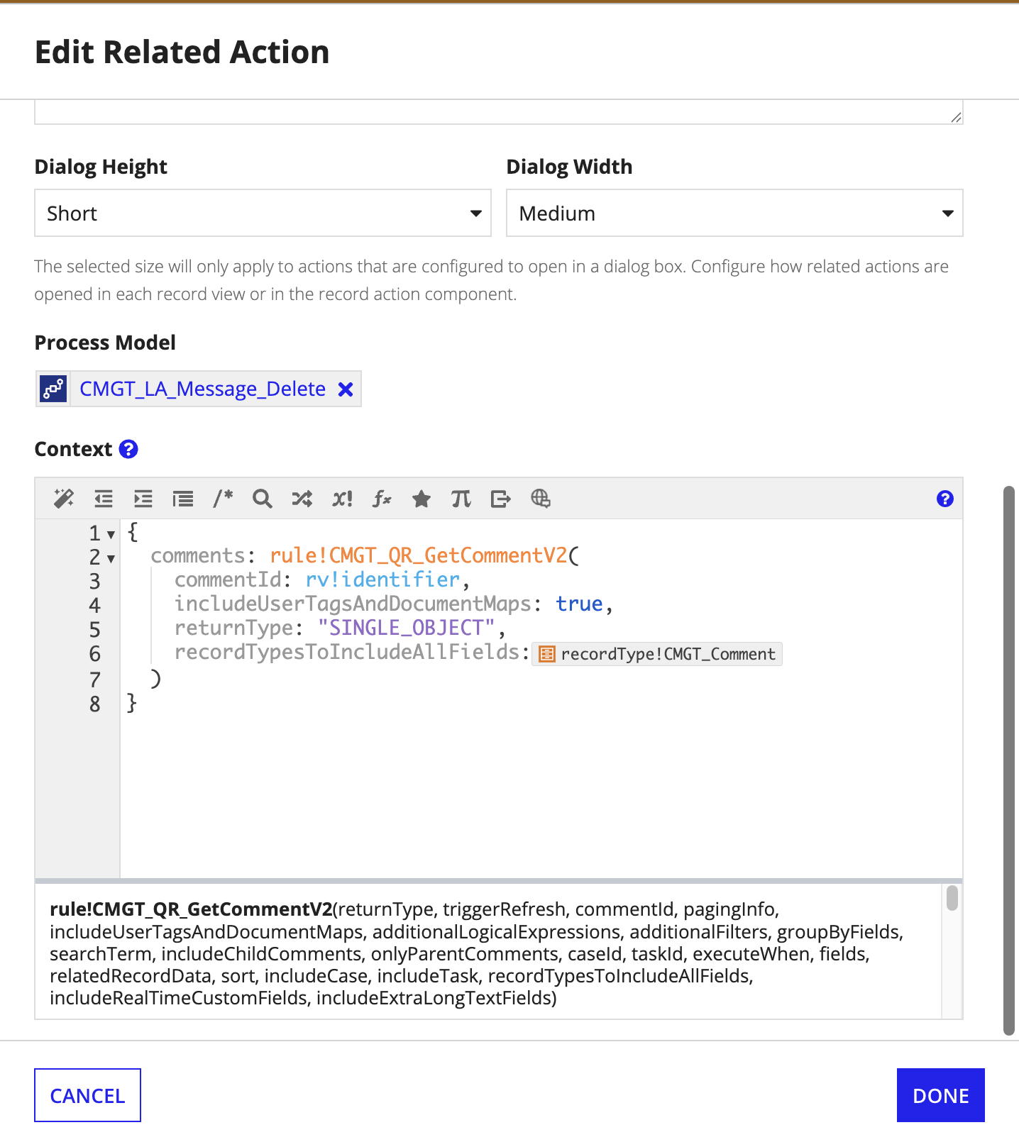 Record action configuration showing the Context field for the Update Message action with the CMGT_QR_GetCommentV2 rule expression.