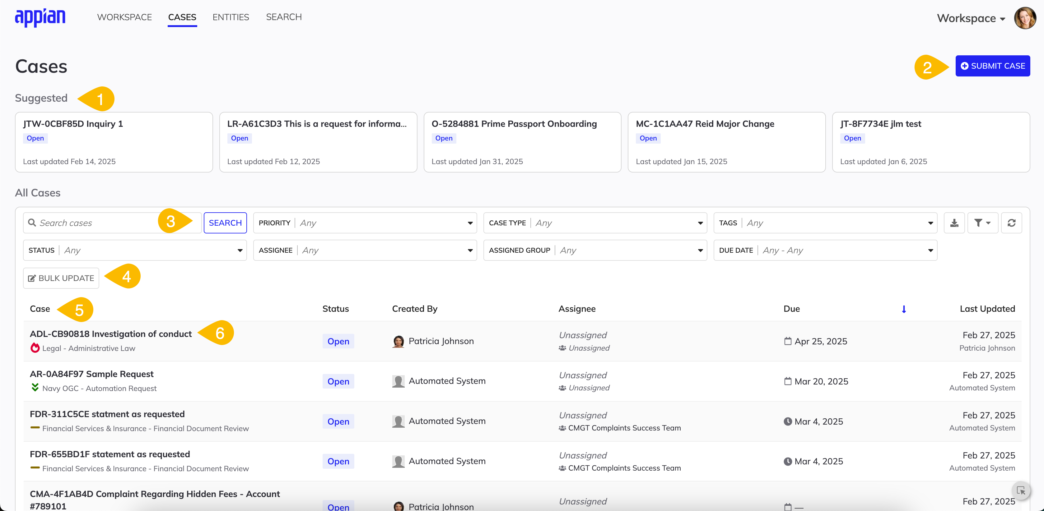 annotated screenshot of the Cases page in Workspace