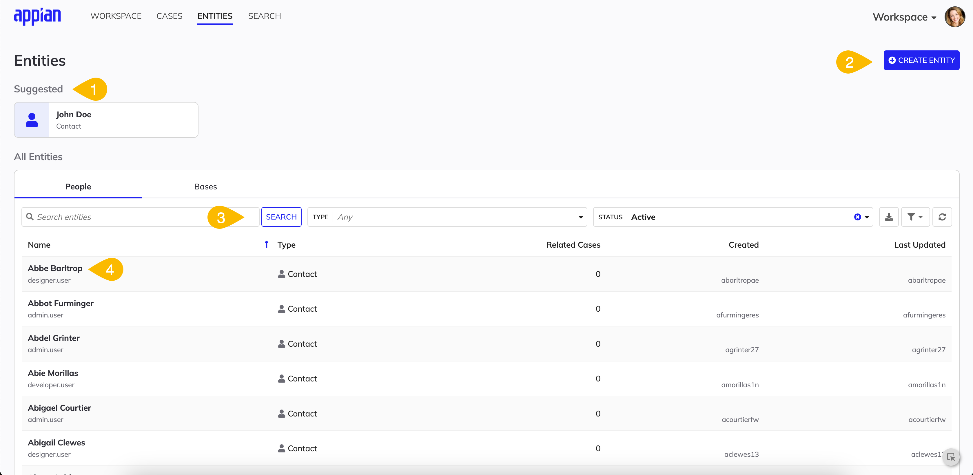annotated screenshot of the Entities page in Workspace