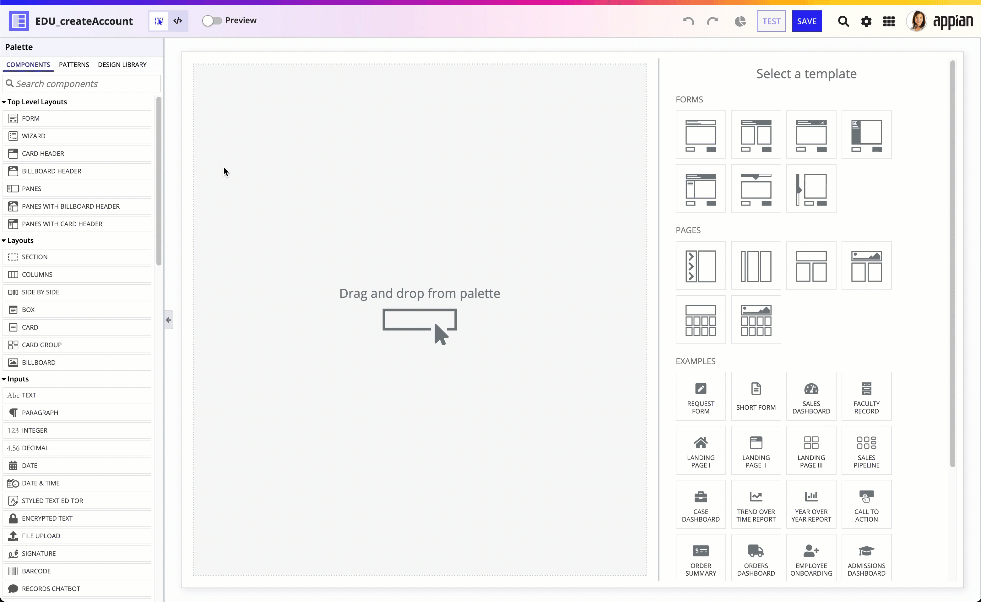 GIF of dragging Columns component onto live view
