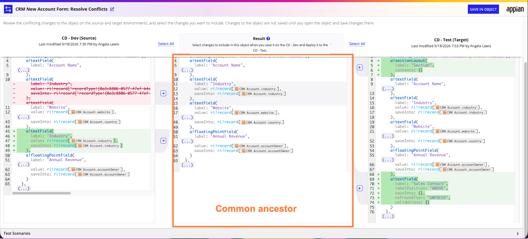 The conflict resolution view for an interface, with the common ancestor in the center column and the source and target changes color-coded relative to the ancestor
