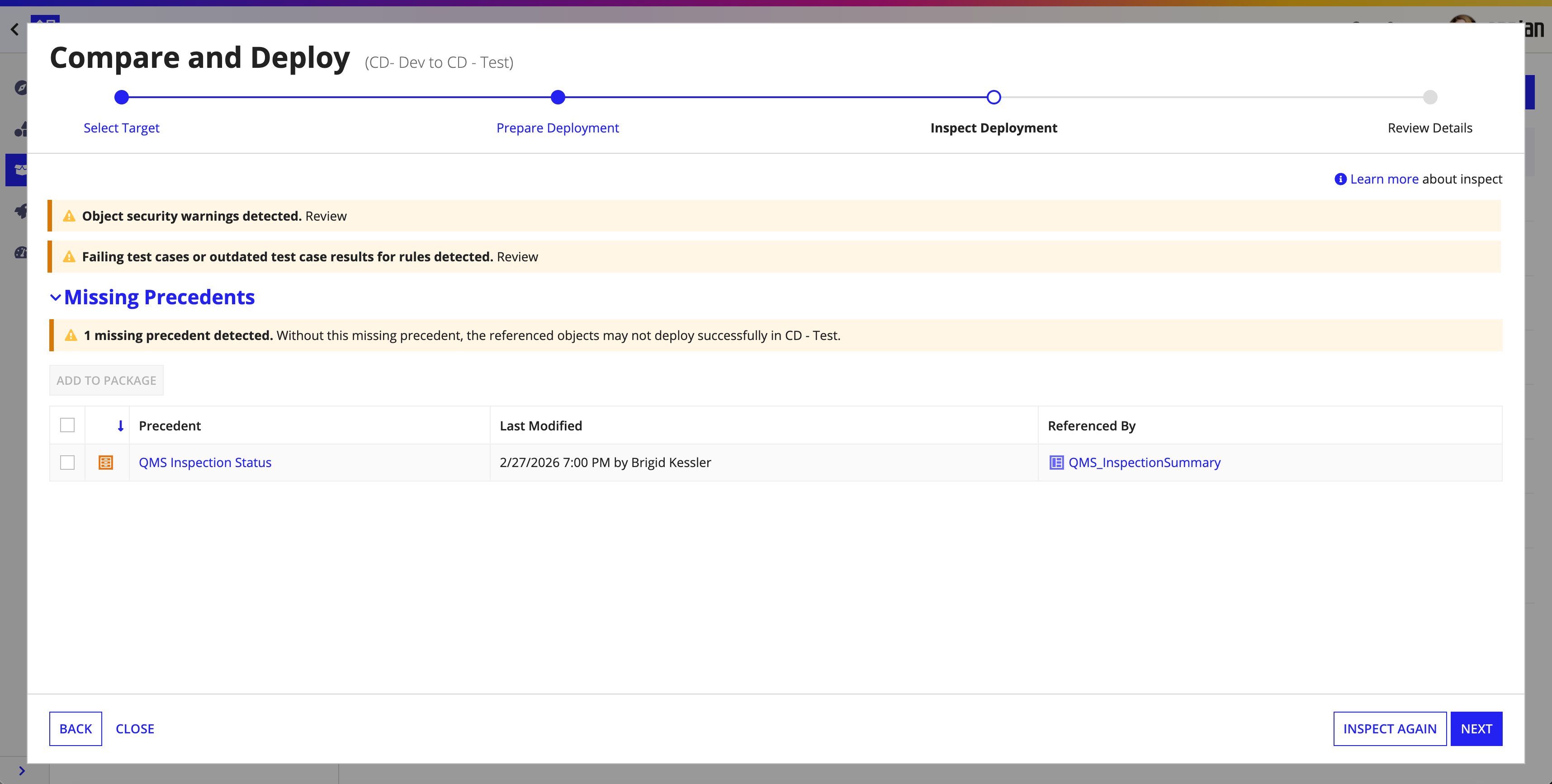 screenshot of the Inspect step user interface
