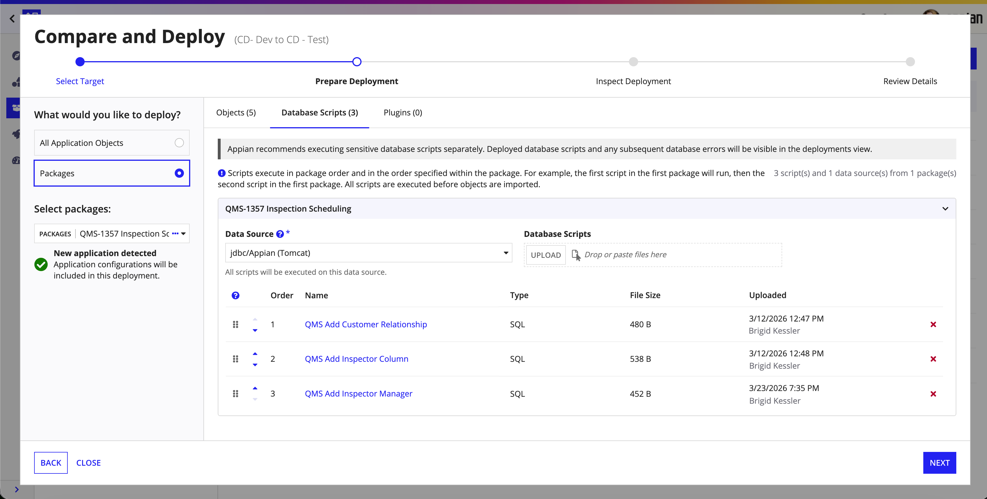 screenshot of the prepare deployment user interface for deploying only database scripts