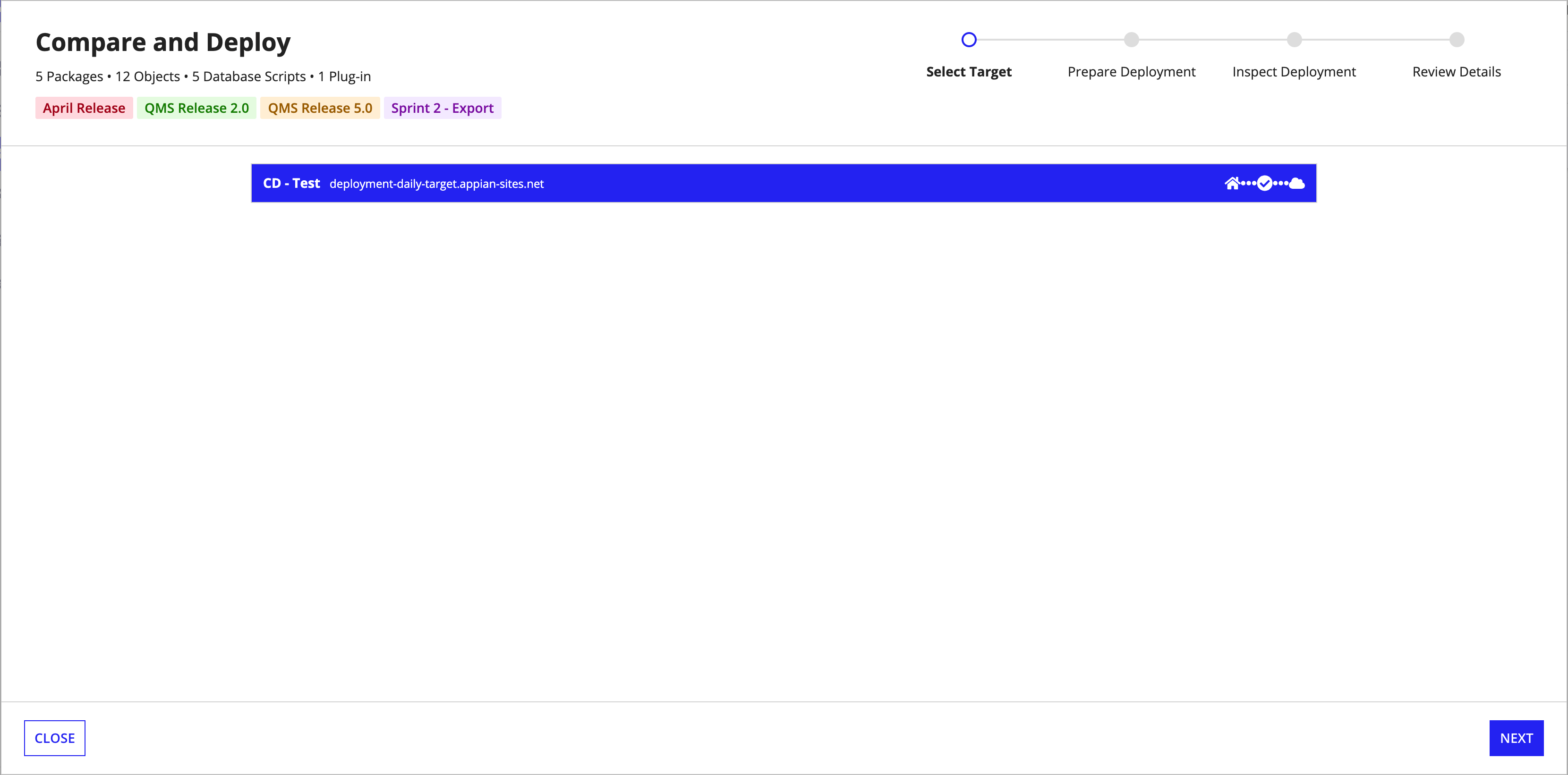 screenshot of the select a target environment user interface