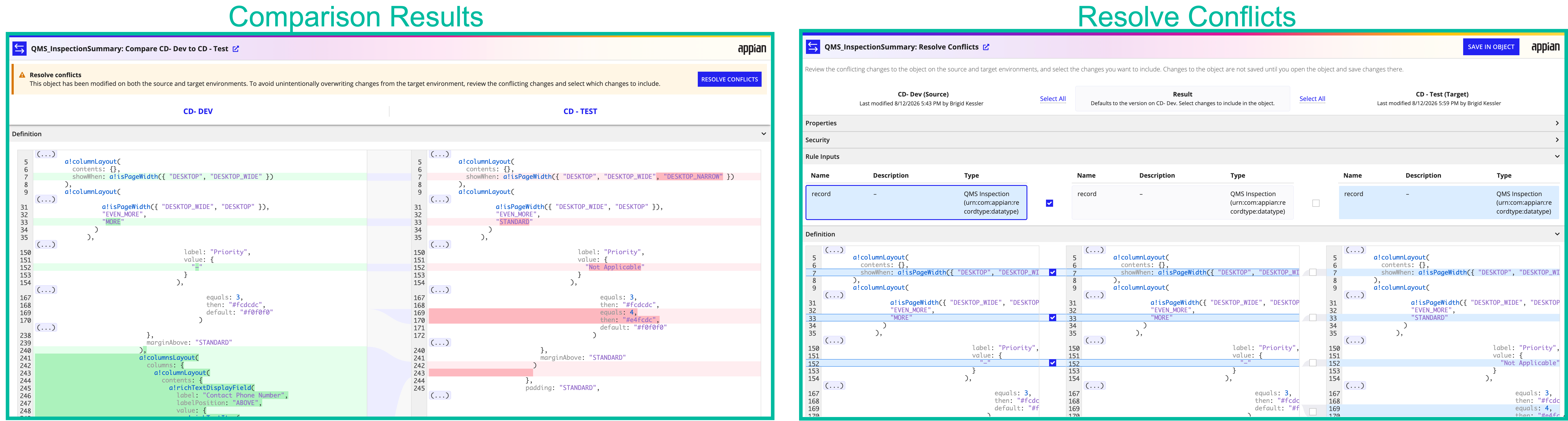 Shows both the Comparison Results and the Conflict Resolution UIs