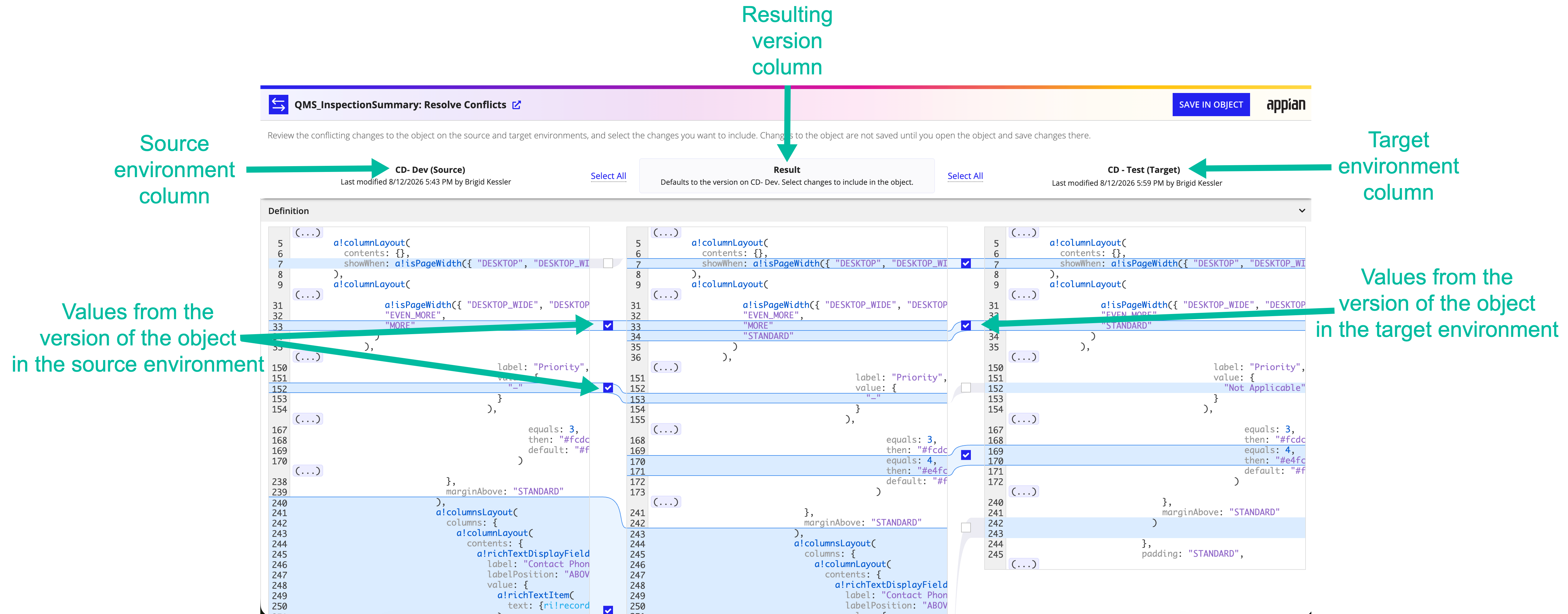 Annotated screenshot highlights the columns and values from each object version