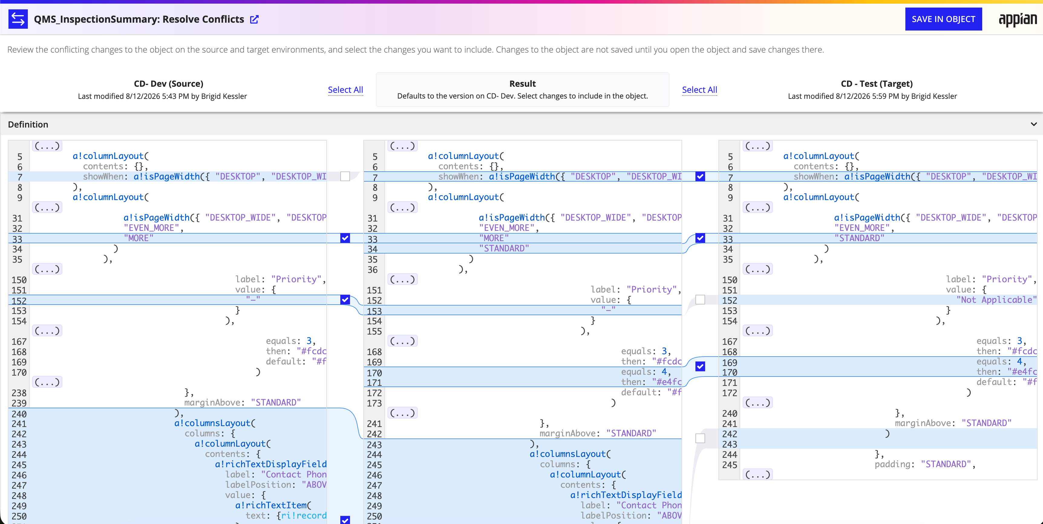 Shows the Conflict Resolution UI with values from both version selected