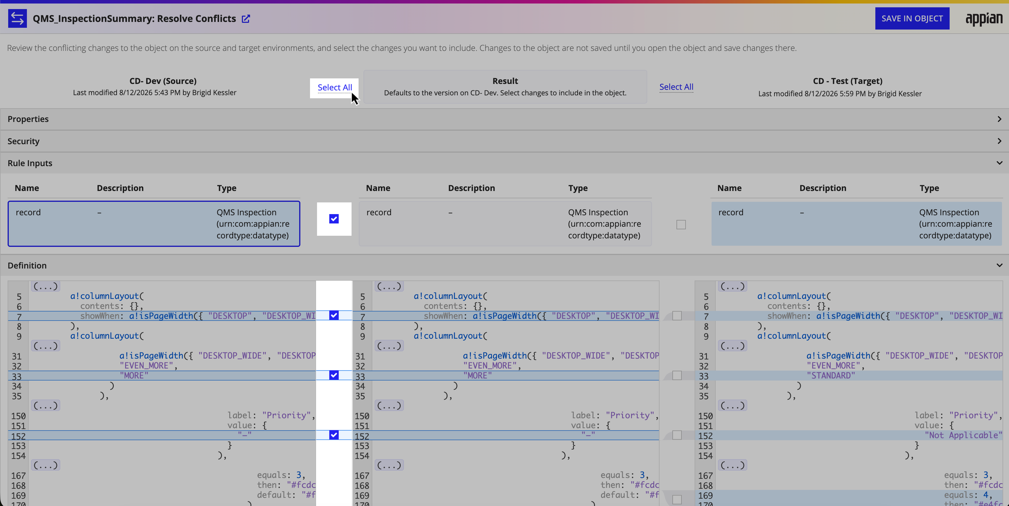 Shows the Conflict Resolution UI with values from only one version selected