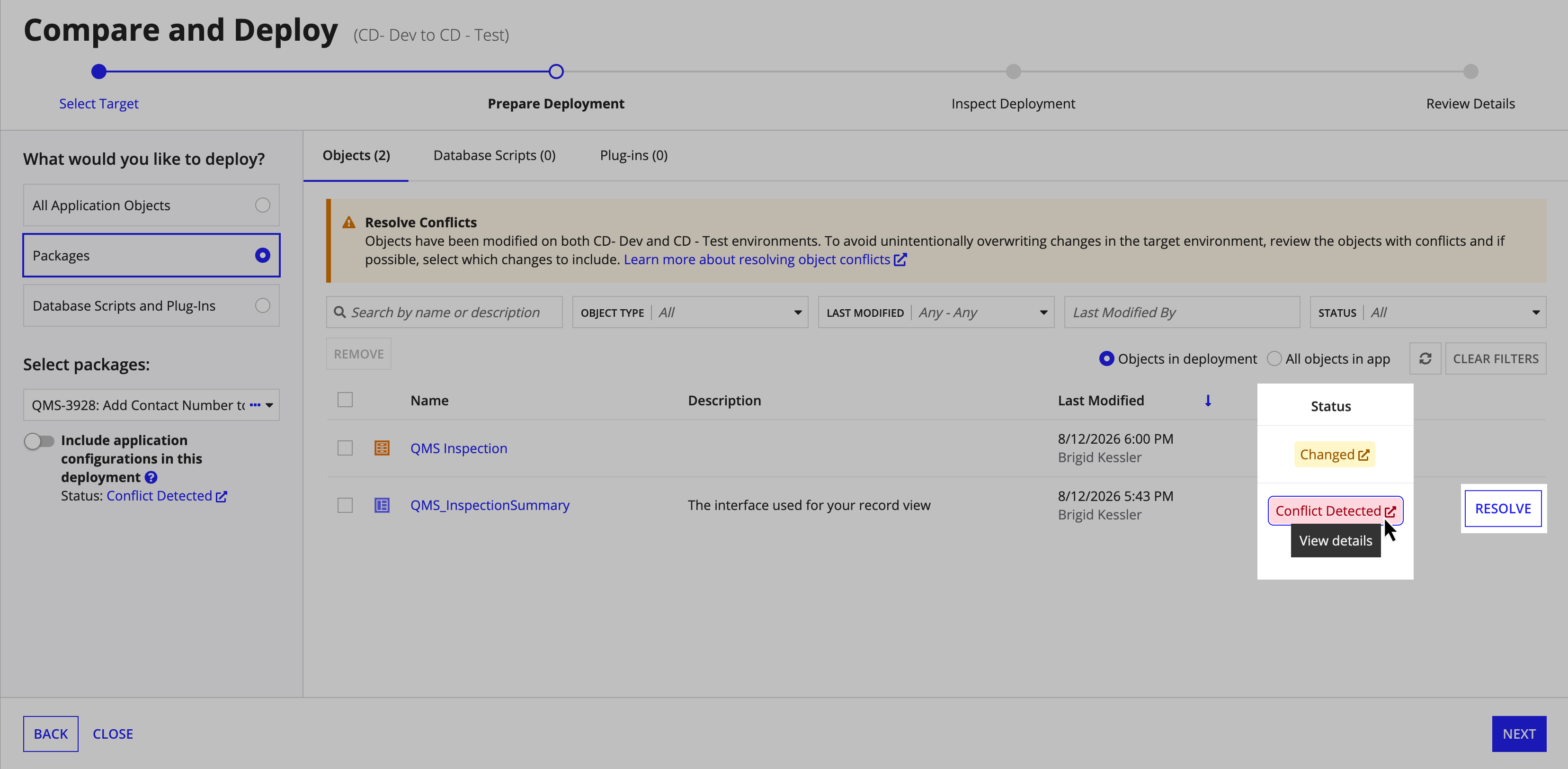 Highlights the resolve button and the status column with a conflict detected status