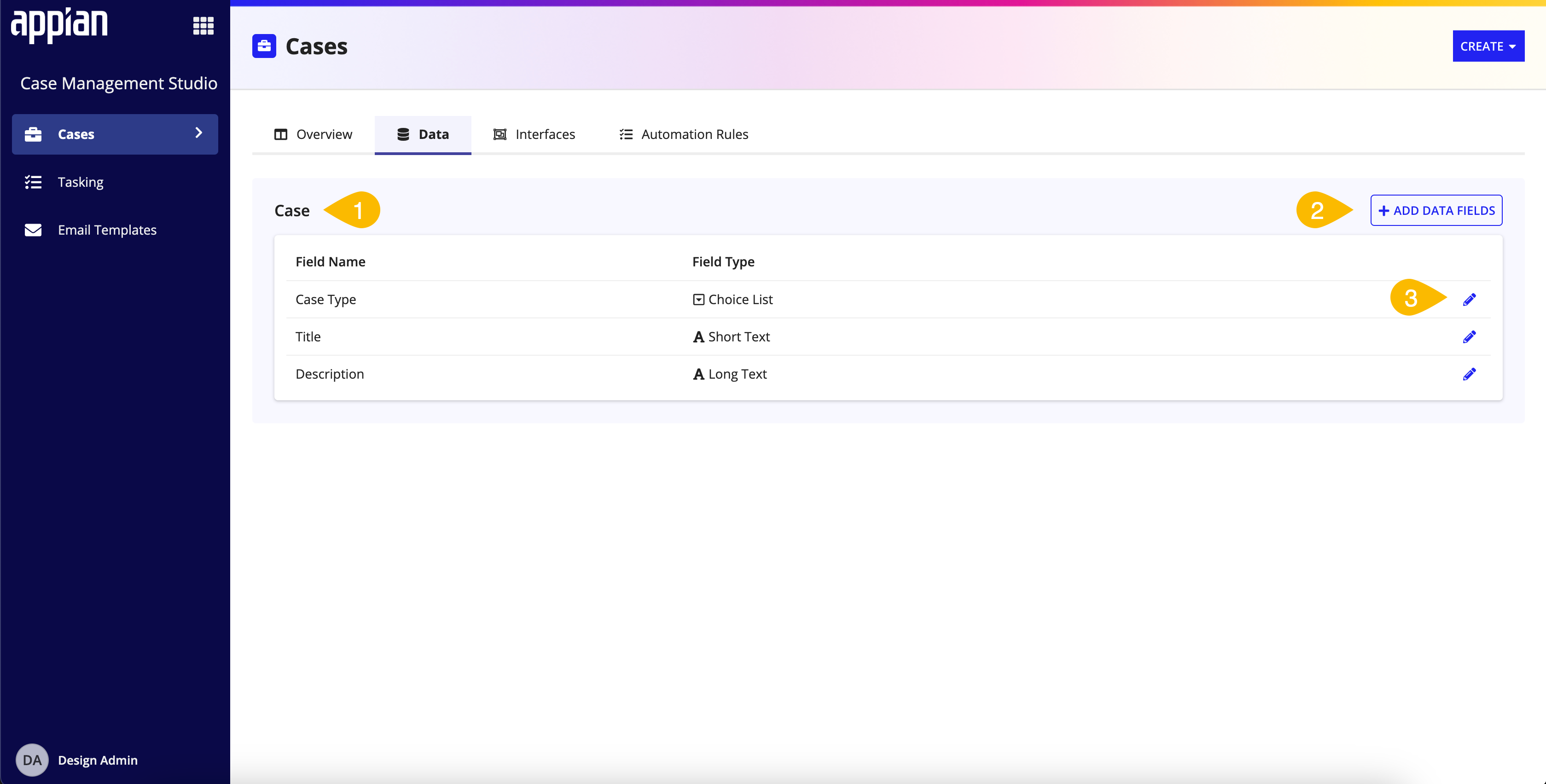 screenshot of the Data tab on the Cases page in the Control Panel