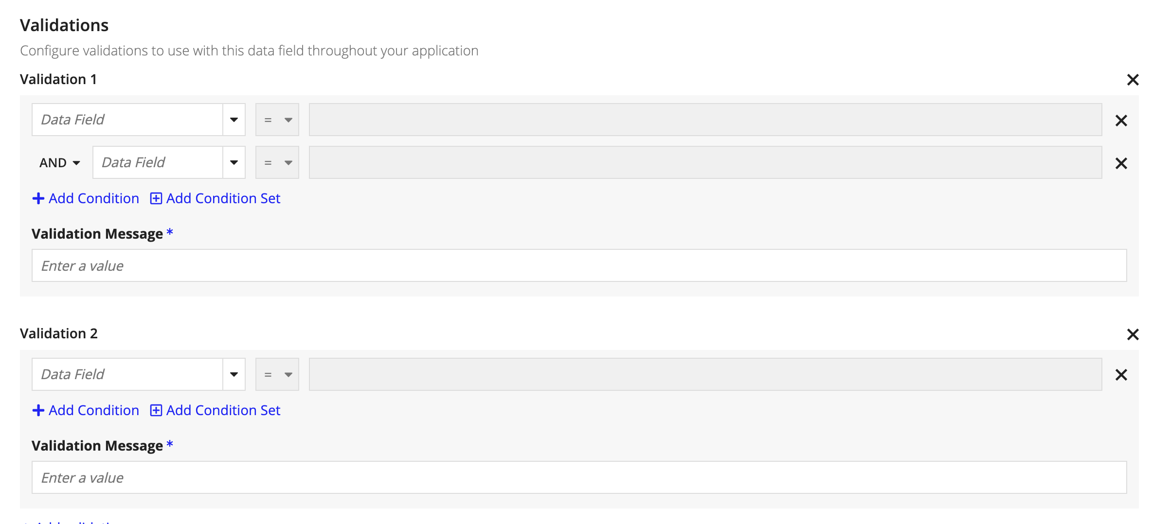 screenshot of the validations section