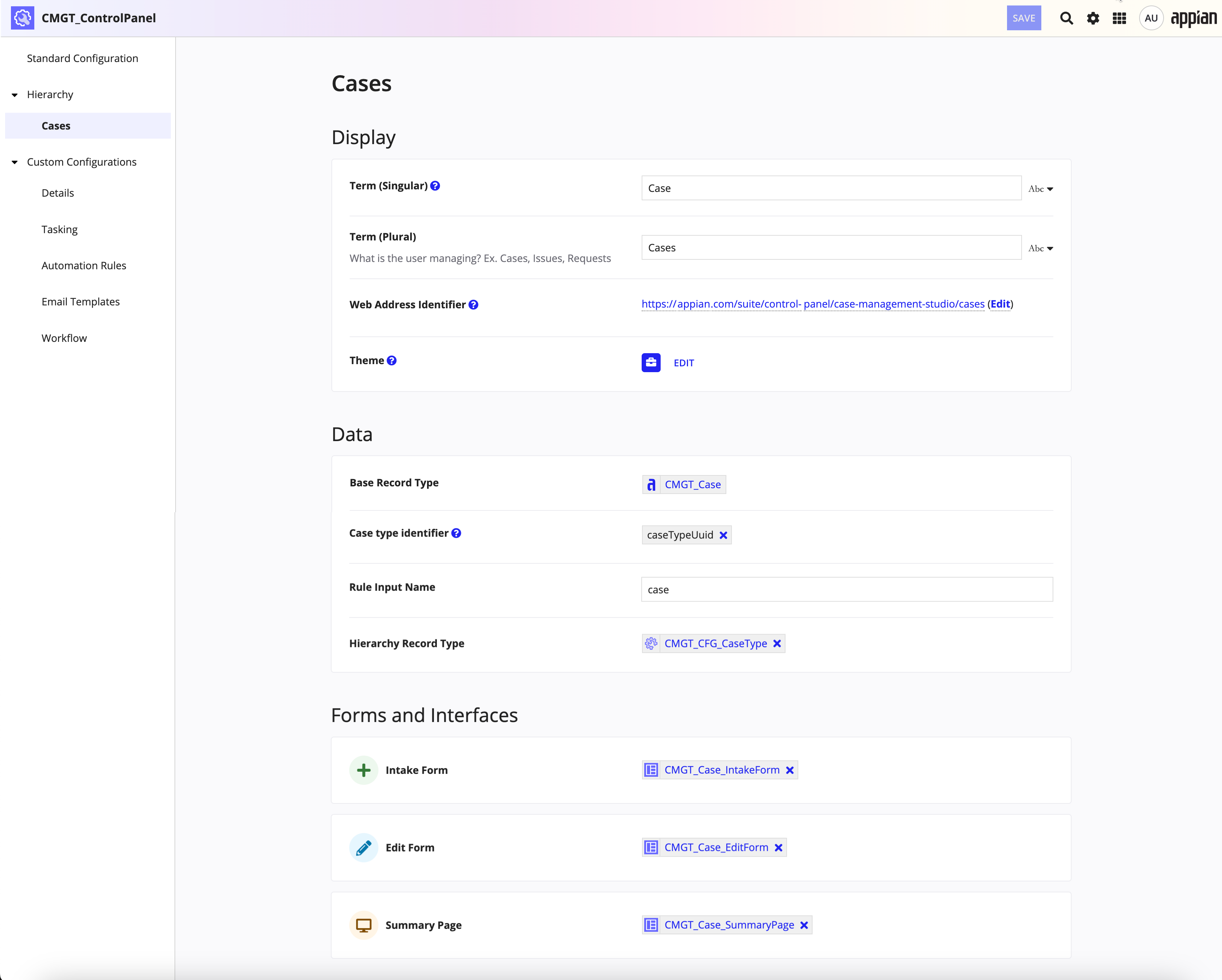 screenshot of the Cases page in the control panel object for CMS